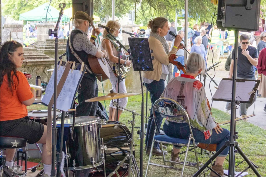 A band playing in the music tent